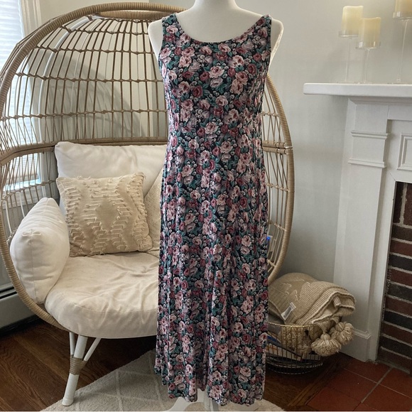 VTG 80s 90s 'ALL THAT JAZZ' BLUE WHITE FLORAL GRUNGE PRAIRIE BOXY MIDI DRESS S 8